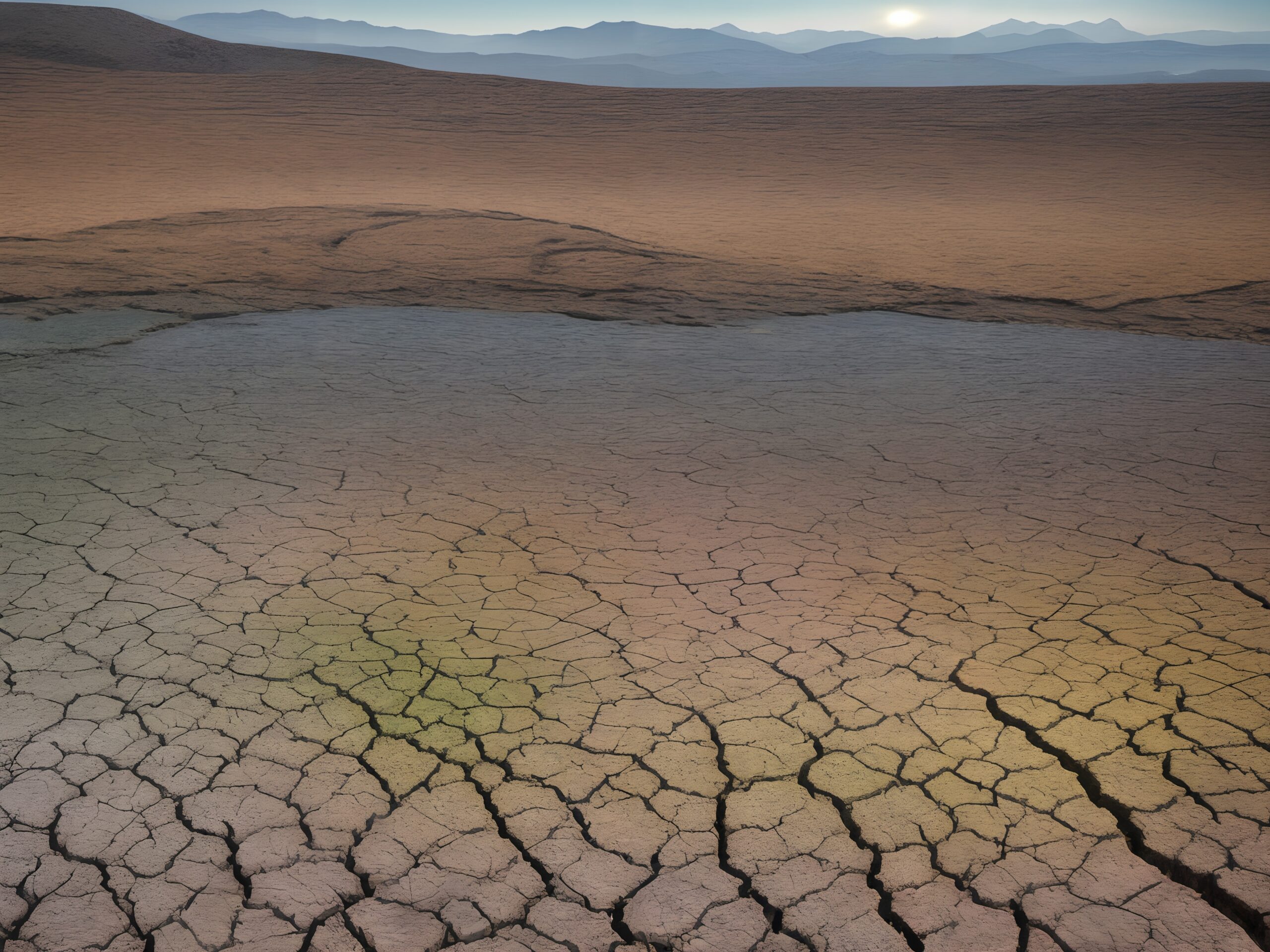 Vast cracked desert with mountains