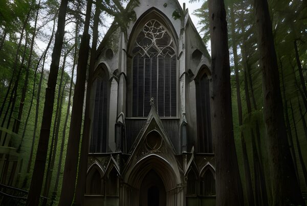 Gothic chapel surrounded by dense forest, sunlight streaming through tall trees, creating a serene and mystical atmosphere.