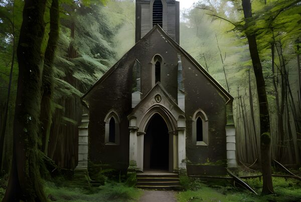 A gothic chapel hidden in lush forest surrounded by towering trees and green moss.