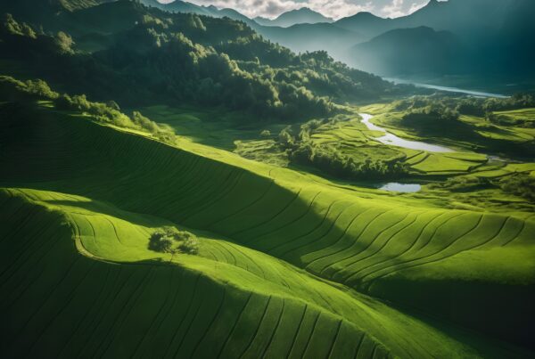 An enchanting landscape of lush green terraced hills with a winding river.