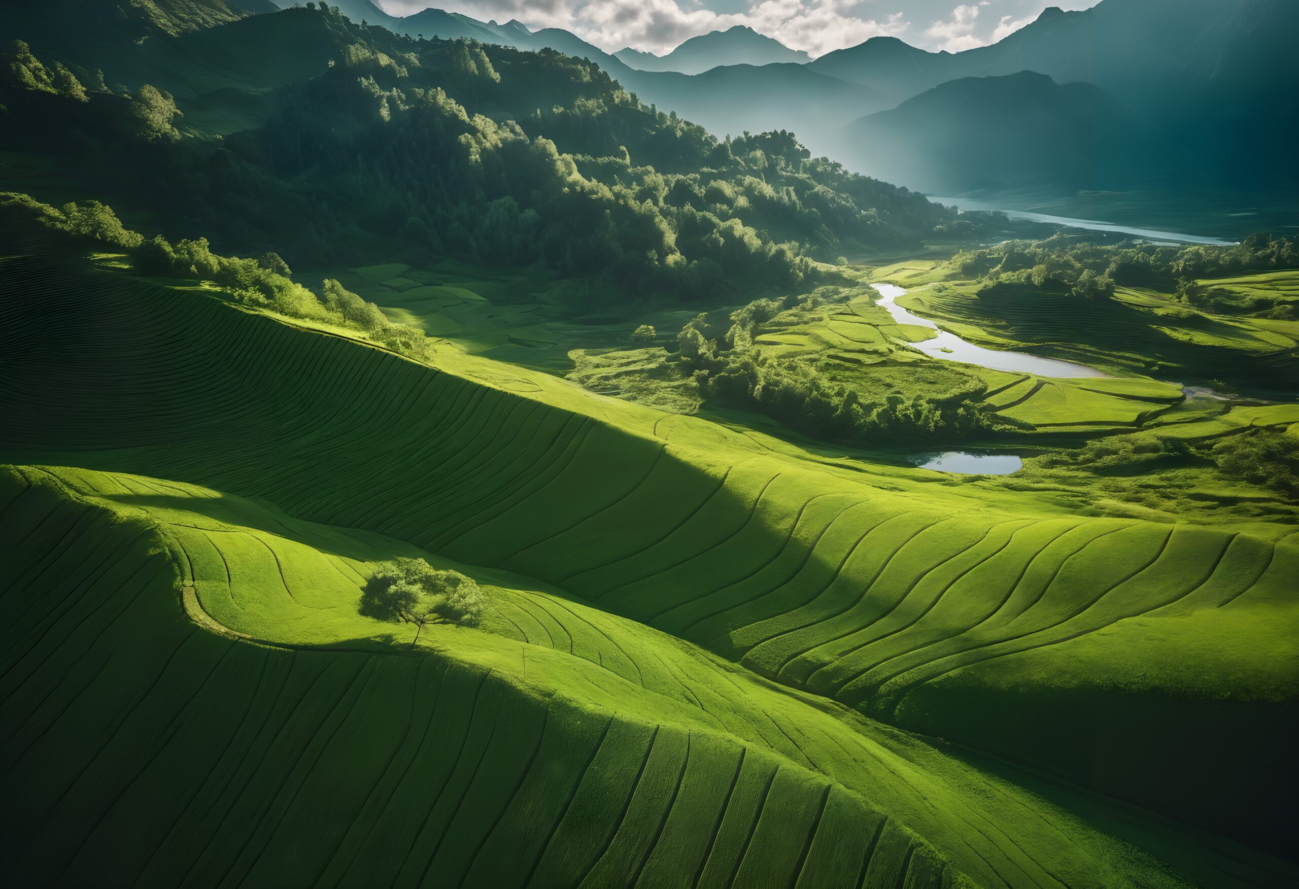 Green Terraced Hills and Rivers