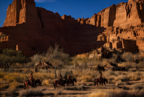 Riders on horseback in a stunning desert landscape with towering red cliffs.