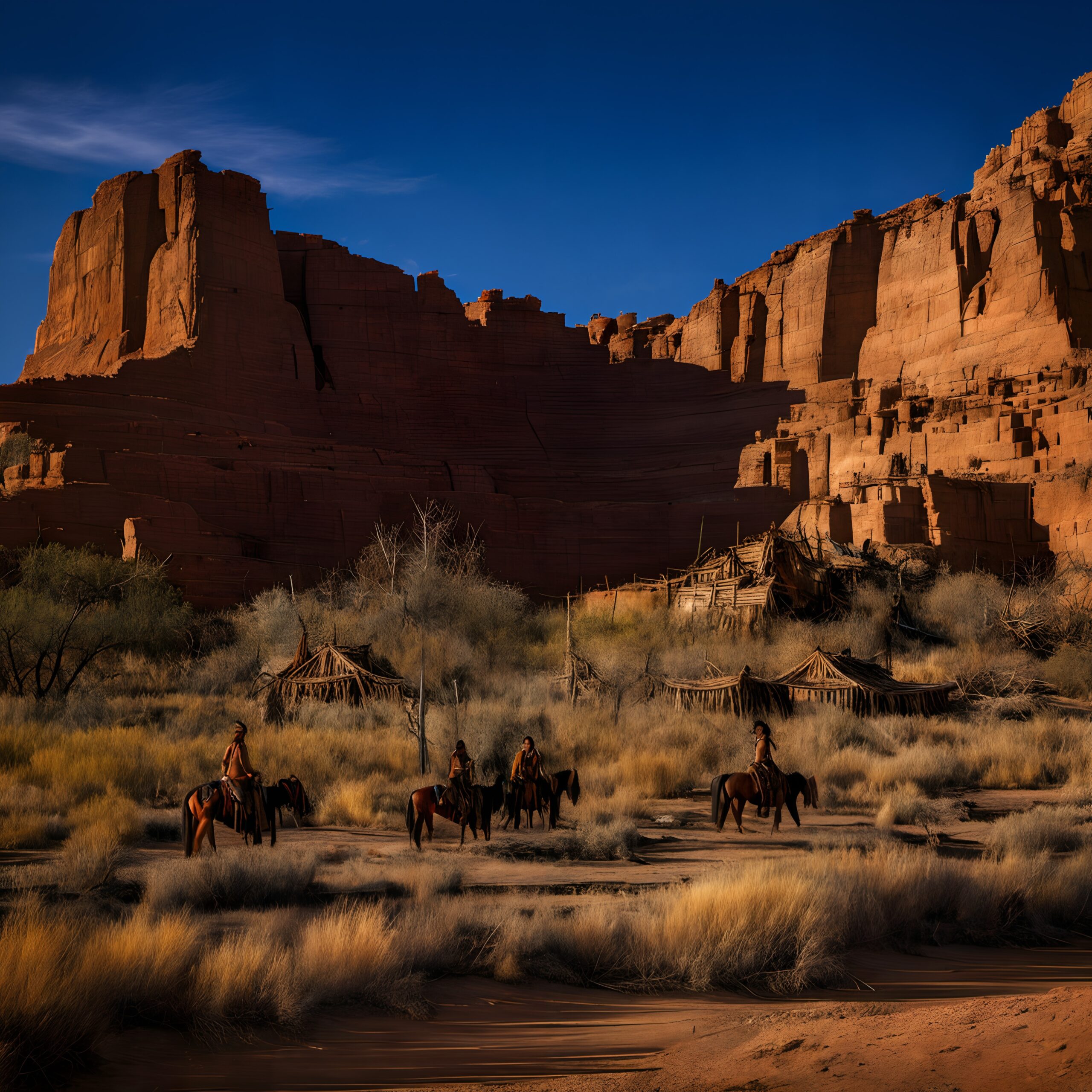 Desert riders by sandstone cliffs