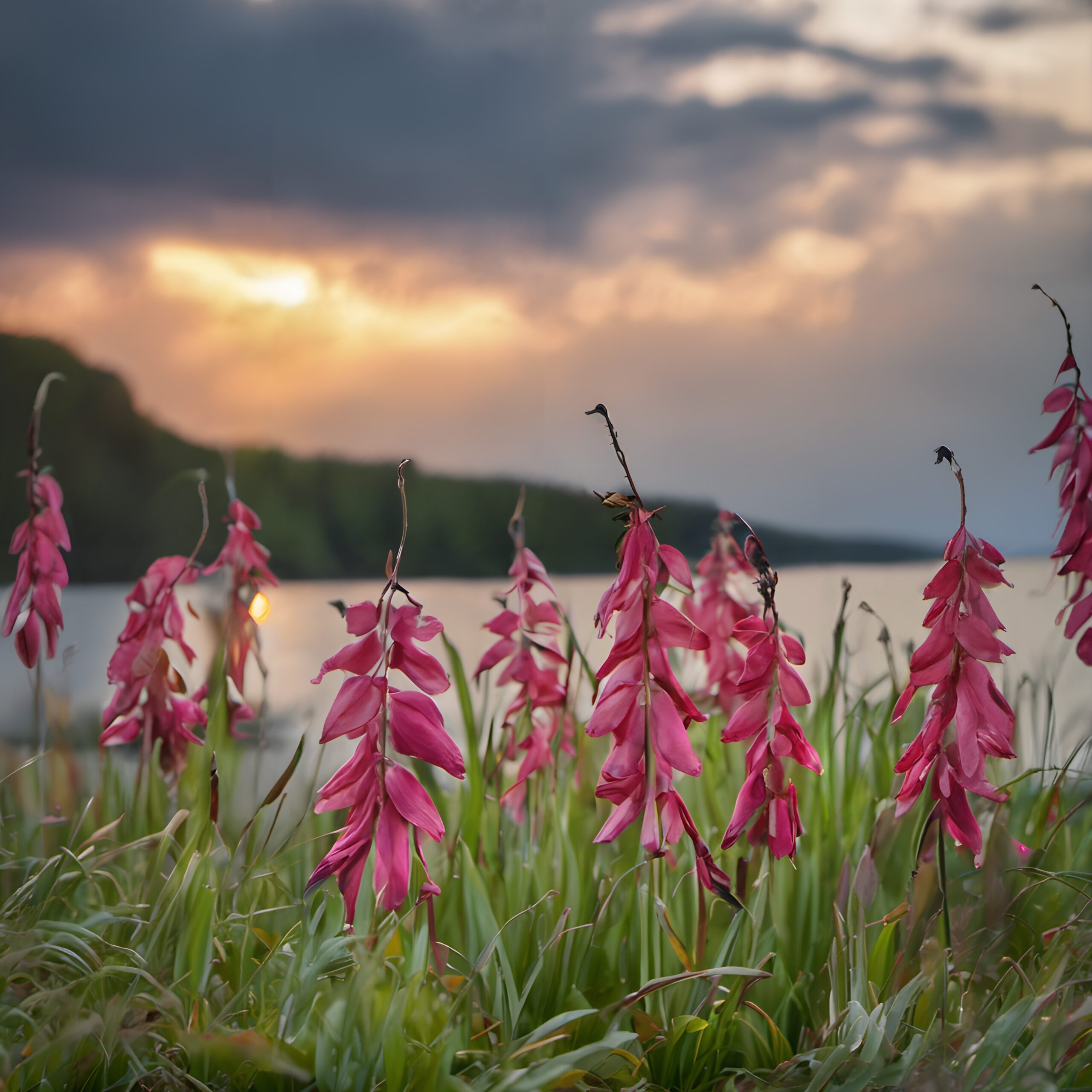 Lakeside flowers at serene sunset