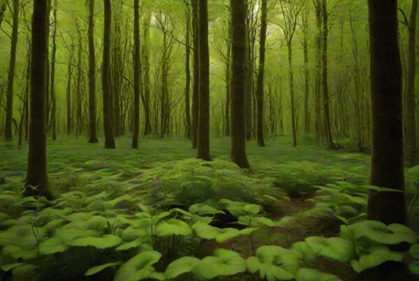 A lush green forest with tall trees and vibrant undergrowth under soft sunlight.