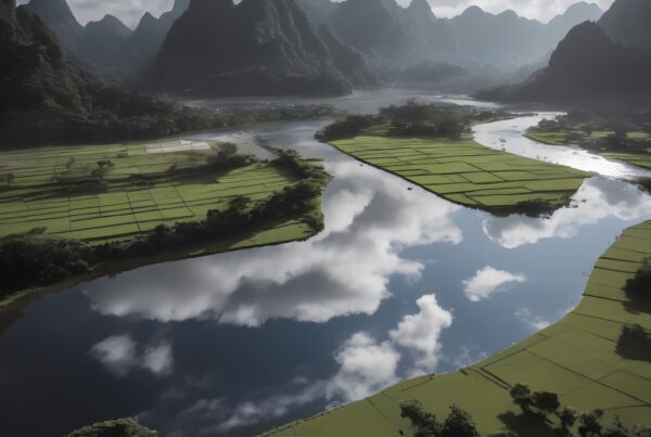 Scenic landscape with river, fields, and mountains reflected in tranquil water.
