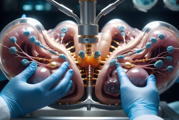 Detailed anatomy model of human lungs and respiratory system with gloved hands adjusting components.