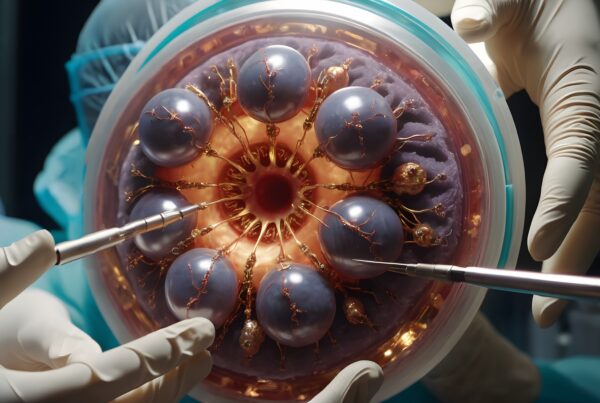 Close-up of gloved scientists working on a futuristic device with spherical nodes and intricate metallic structures in a high-tech laboratory setting.