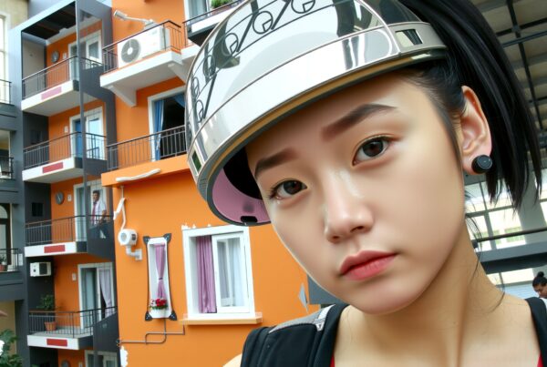 A young person wearing a futuristic helmet stands indoors against a backdrop of modern, orange and grey apartment buildings.