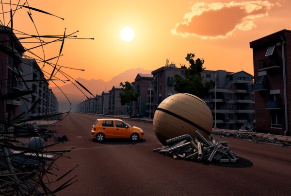 An orange car parked next to a giant sphere on an abandoned urban street during sunset.