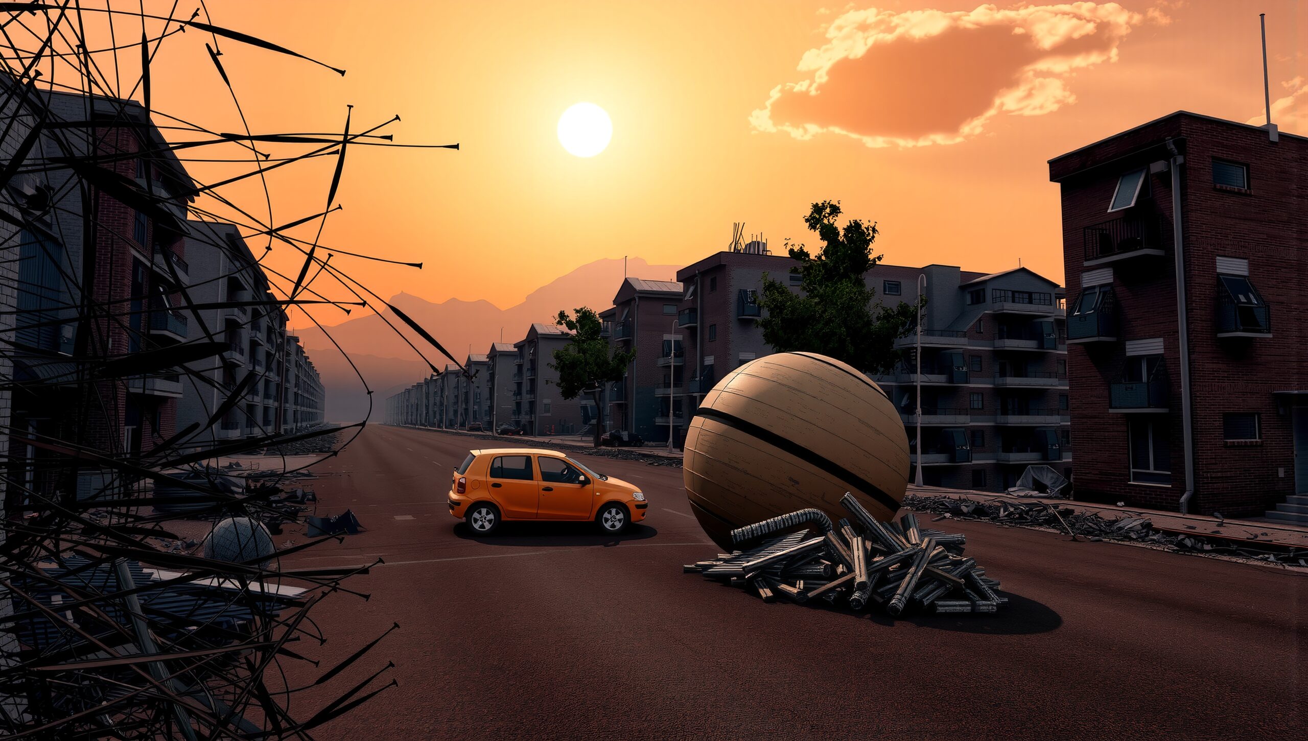 Giant Sphere in Urban Sunset