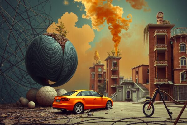 A surreal urban scene with an orange car, futuristic elements, and brick buildings under an orange sky.