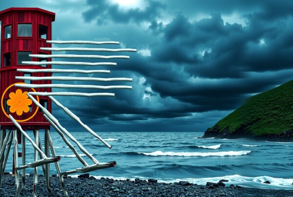 A red wooden tower with driftwood stilts stands on a rocky beach against a stormy sky and green hill.