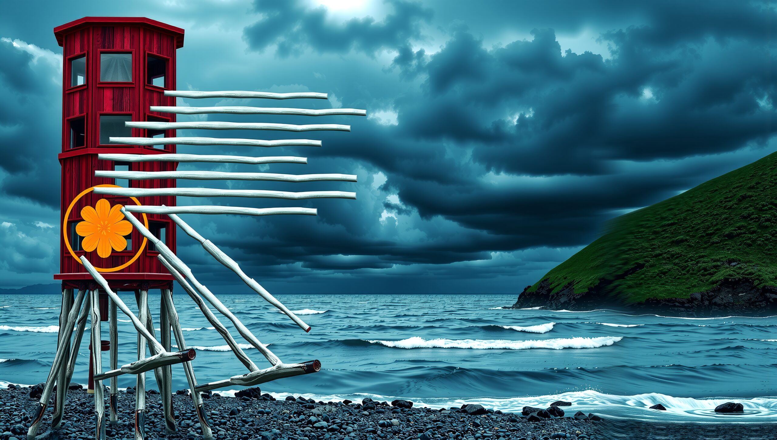 Surreal Coastal Tower Scene