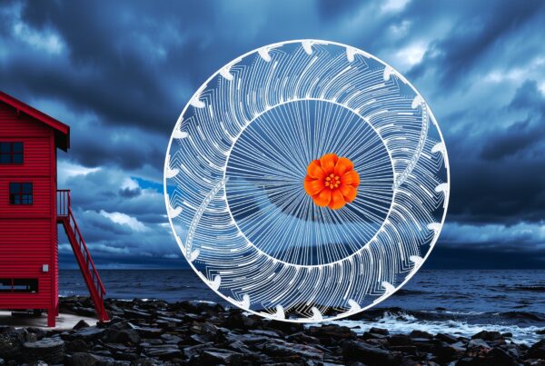 A dramatic coastal scene features a red building, turbulent sea, and surreal flower pattern.