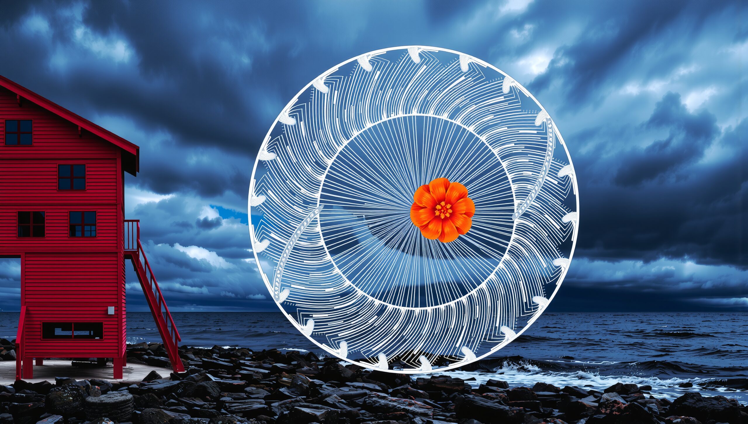 Surreal Coastal Scene with Flower
