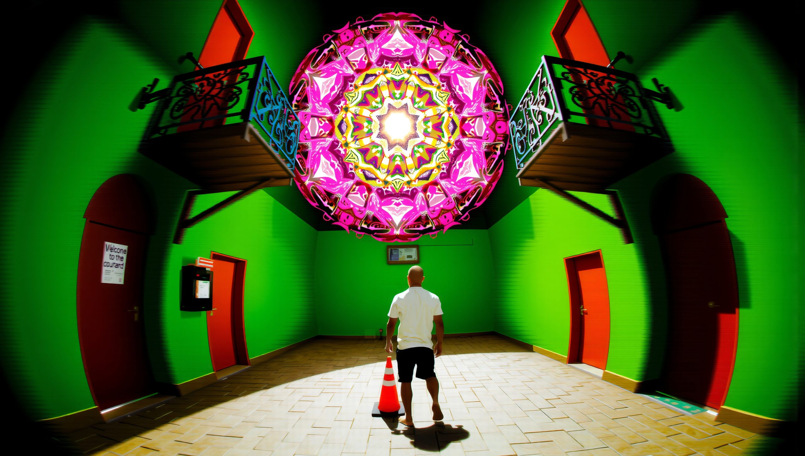 Vibrant Surreal Courtyard Encounter