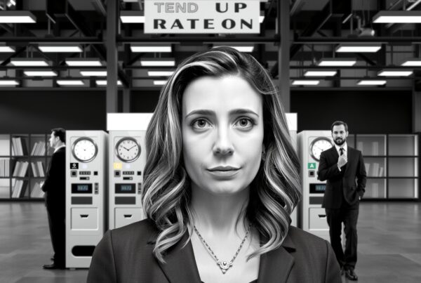 A focused businesswoman in an industrial setting with equipment and professionals.