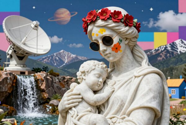 A marble statue with modern adornments amidst a surreal landscape featuring mountains, a satellite dish, and a waterfall.