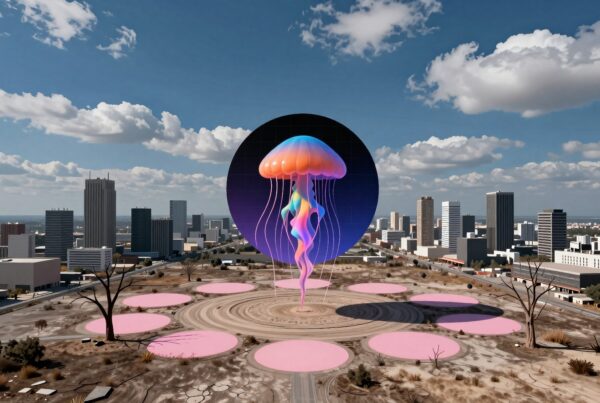Surreal jellyfish levitates above deserted cityscape.