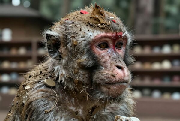 A close-up portrait of a muddy monkey with debris, showcasing its natural habitat and expressive features.