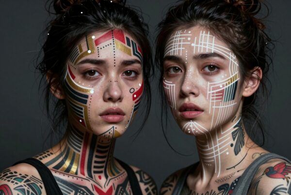 Two women with intricate face paint and tattoos in tribal-inspired designs.