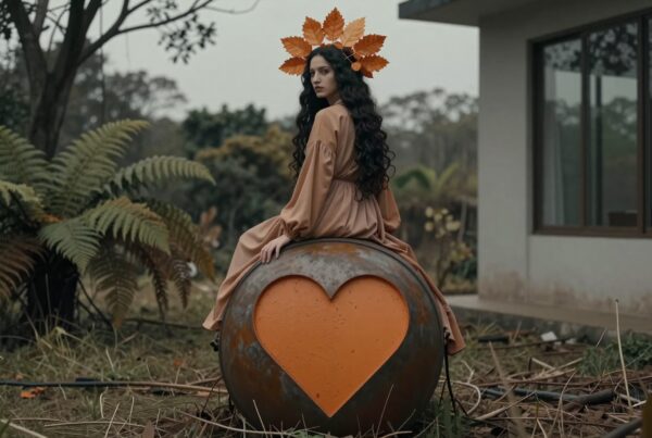 A woman with long hair sits on a sphere with a heart, wearing a dress and leaf crown in a natural setting.