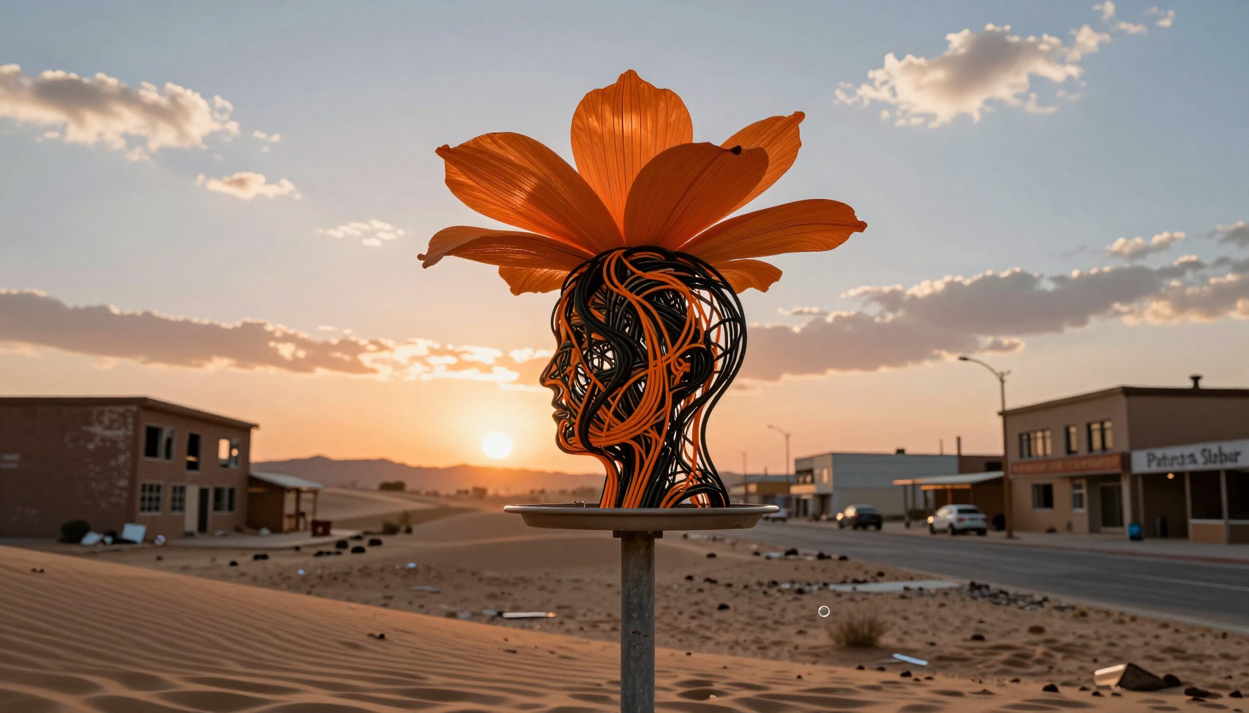 Sculpture with Orange Flower Bloom