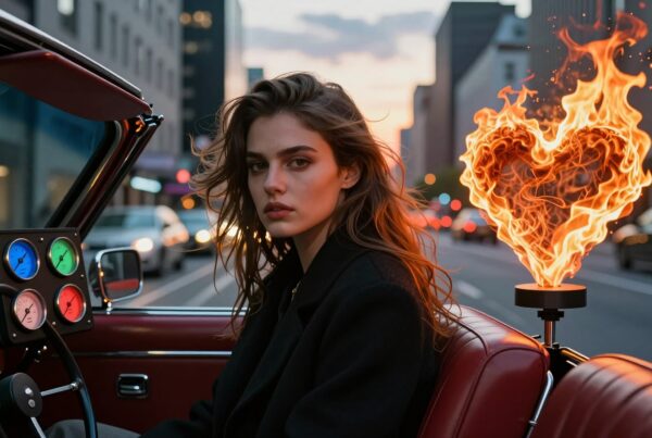 A woman in a vintage car with a heart-shaped flame beside her on a city street at sunset.