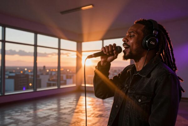 A man singing with headphones at sunset in a city loft.