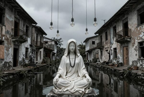 Serene statue in urban decay setting.