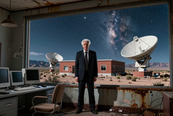A man stands in an observatory, gazing at satellite dishes and stars.