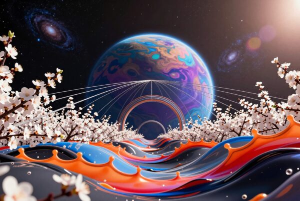 A surreal image of cherry blossoms lining a vibrant, wave-like pathway leading to a mystical planet with a starry galaxy backdrop.