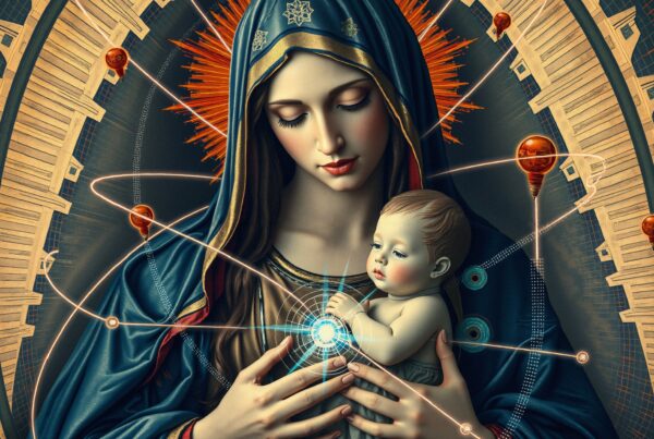 Digital artwork of a serene woman holding a child, surrounded by geometric cosmic elements and glowing halos.