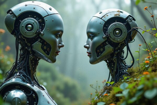 A pair of humanoid robots face each other amid lush greenery and orange flowers in a futuristic forest setting.