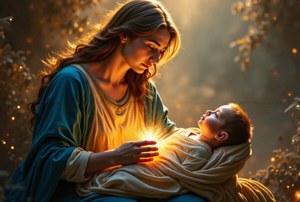 A serene woman holds a glowing child in nature, surrounded by soft light.