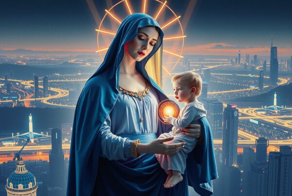 A serene scene of a woman in a blue cloak holding a child with a glowing orb, set against a modern city skyline at dusk.
