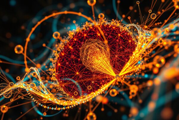 Abstract digital artwork illustrating a vibrant, interconnected network of glowing lines and spheres in red, orange, and blue, resembling a molecular or cosmic structure.