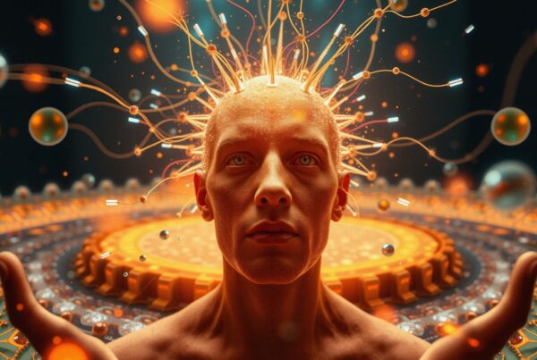 Futuristic image of technologic-transcendence with glowing lines extending from figure's head.