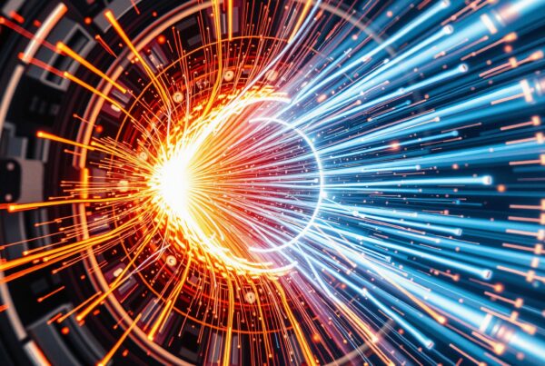 Futuristic abstract tunnel with converging orange and blue light beams.
