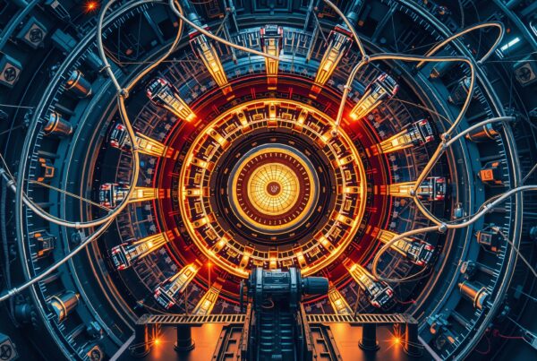 Futuristic machine interior with glowing core, intricate mechanical details, and dynamic lighting.