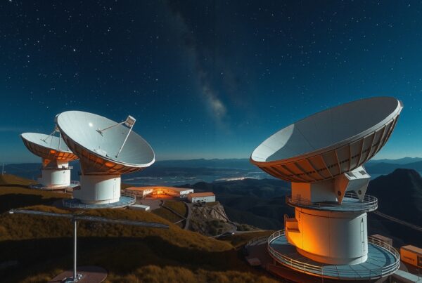 Three satellite dishes under a starry night sky, illuminated by warm lights against a rugged mountainous background.