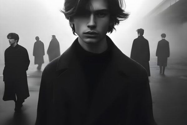 A group of individuals in dark clothing stand scattered in a foggy, monochromatic scene, evoking a mysterious and introspective atmosphere.
