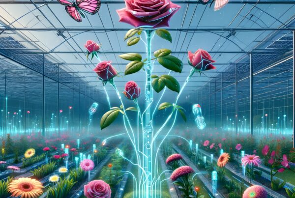 A futuristic greenhouse with digital flowers and butterflies creating a tech-nature fusion.