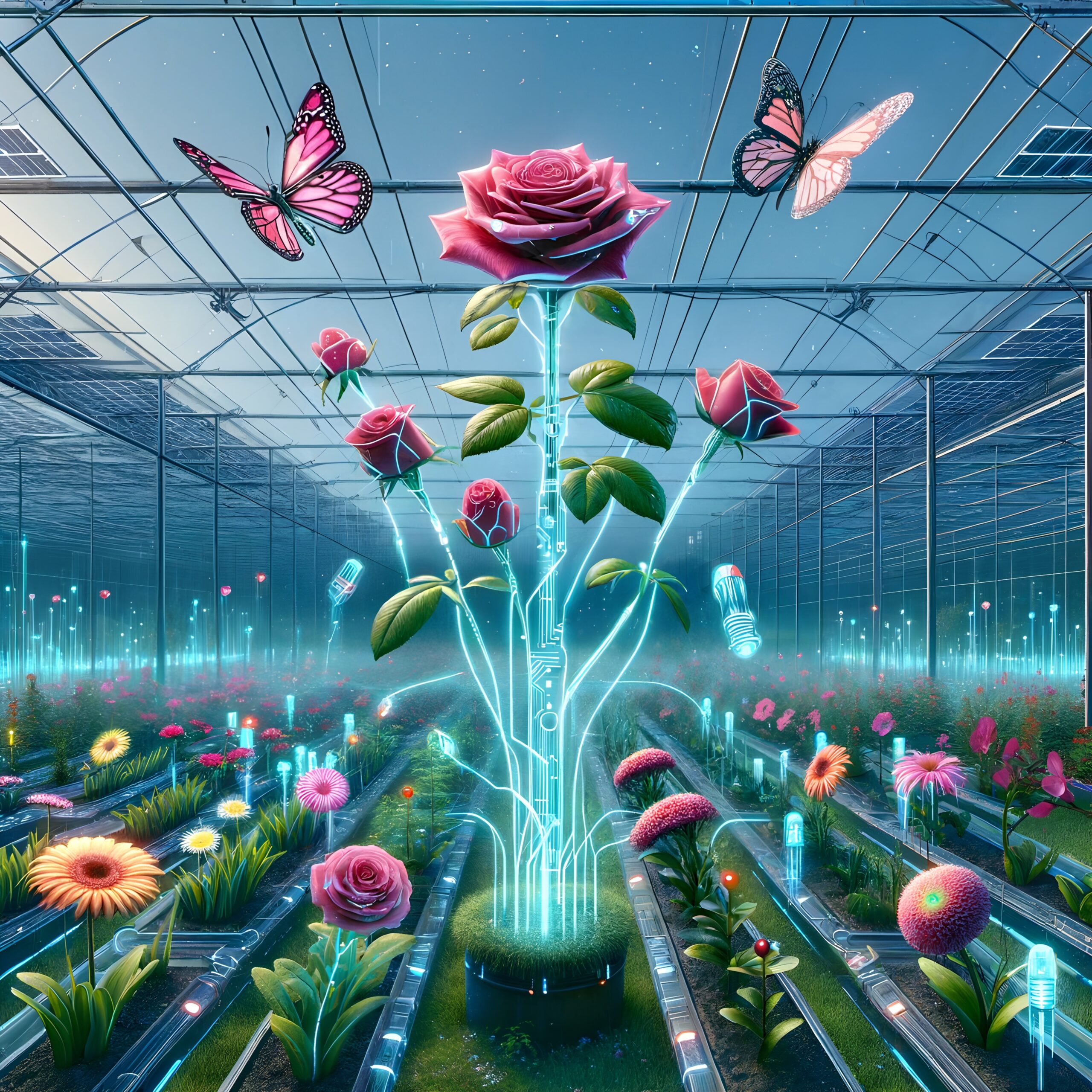 Digital Blossoms in Futuristic Greenhouse
