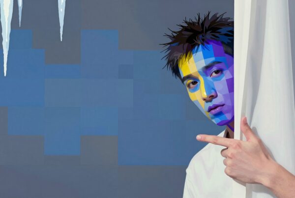 A colorful, pixelated portrait of a person with blue and yellow mosaic face, partially hidden behind a curtain, with icicles above.