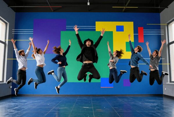 Seven people joyfully jump indoors against a colorful mural backdrop.