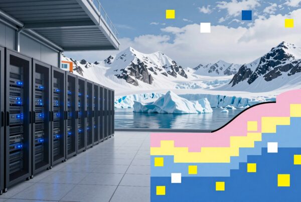 A row of server racks in front of arctic mountains and icebergs under a vibrant blue sky.