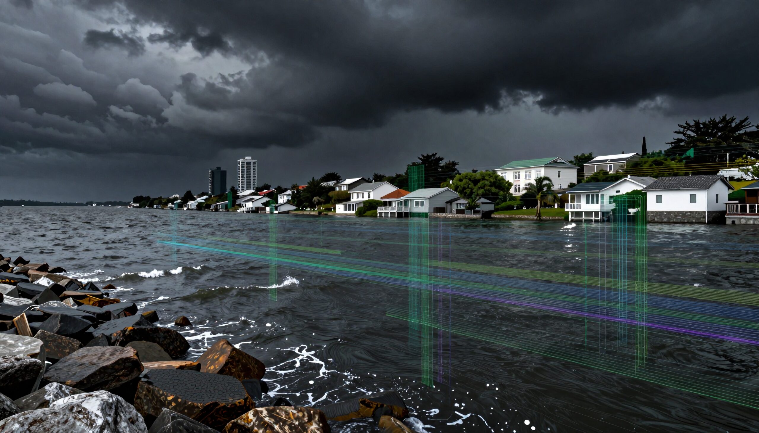 Coastal Homes Under Stormy Skies