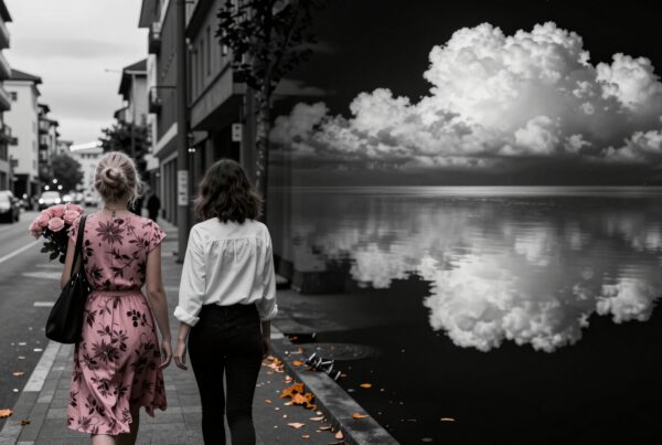Two women walking on a city street with pink roses, contrasting against a surreal cloud reflection backdrop.